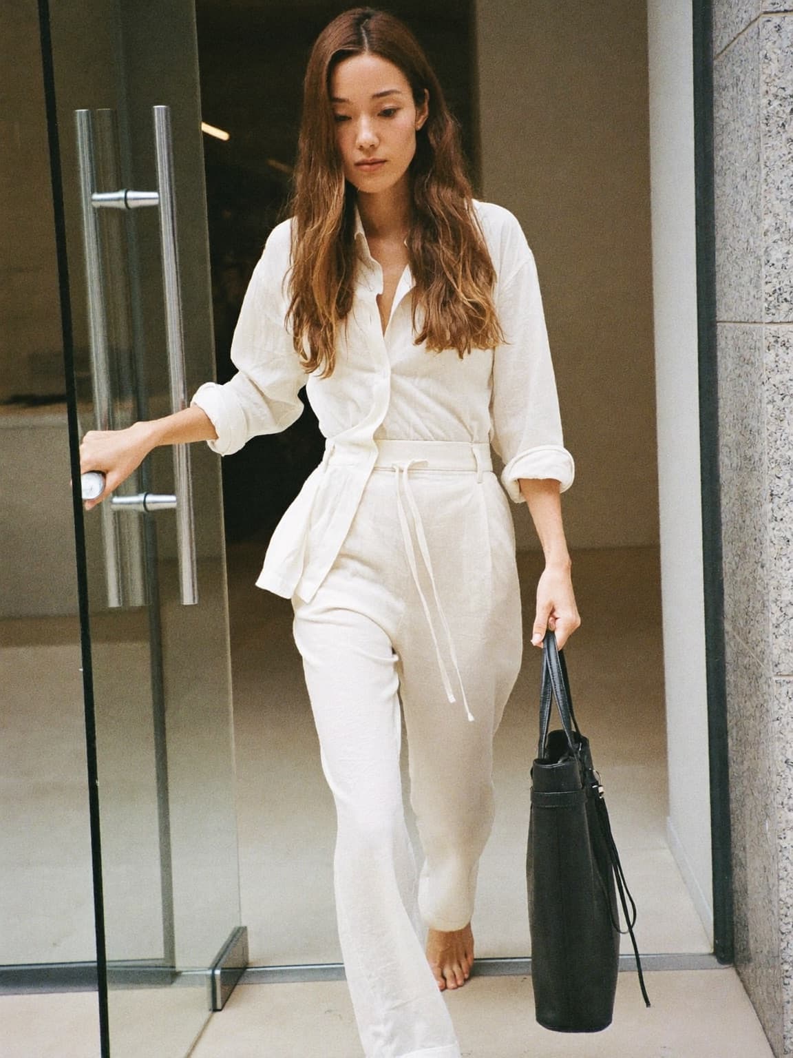 Model in a cream linen set